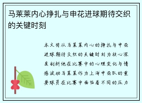 马莱莱内心挣扎与申花进球期待交织的关键时刻